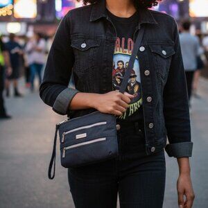 Baggallini Mini Crossbody Wristlet | Travel Concert Festival Bag | Gray Nylon